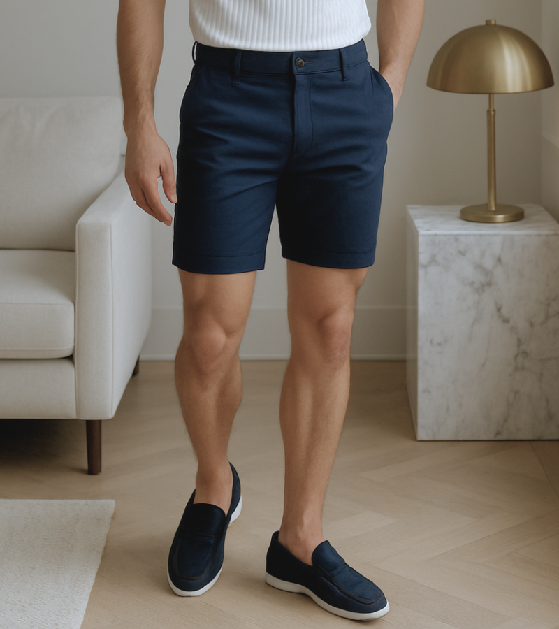 Person wearing navy shorts and shoes in a living room setting